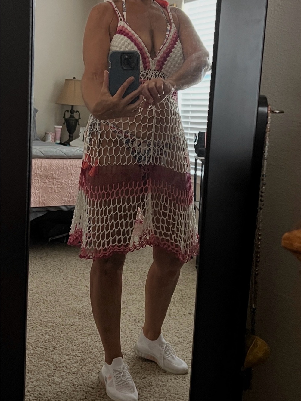 Crochet Net Cover-Up Dress with Pink Trim